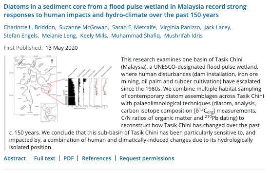 Example of an abstract from a recent article.
Diatoms in a sediment core from a flood pulse wetland in Malaysia... Briddon et al 2020
