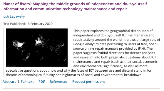 Another example of an abstract from a recent article

Planet of fixers? Mapping the middle grounds of independent and... Lepawsky 2020