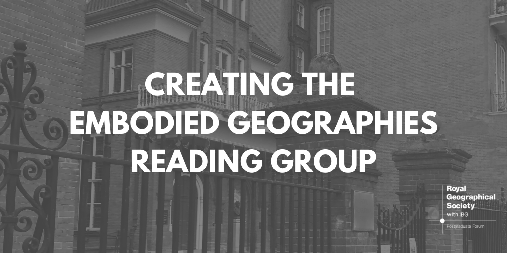 A greyed out red brick building with the text "Creating the embodied geographies reading group" overlaid on it.