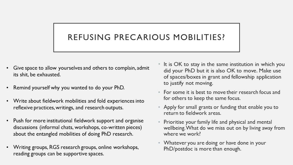 A text-based image listing ten options for the refusing of precarious mobilities
